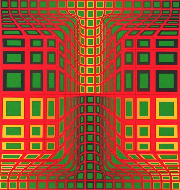 Victor Vasarely (1908-1997) Hungarian: KAS-KAS, color screenprint, signed in pencil, from the numbered edition 250, image 24 x 23”, full margins, a few soft handling creases, creases upper left margin, otherwise in good condition.
