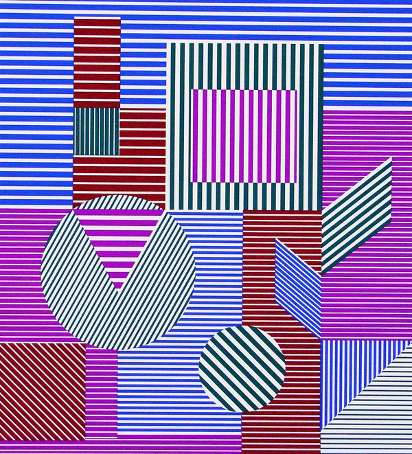 Victor Vasarely (1908-1997) Hungarian: UNTITLED (blue/purple stripes), color screenprint, signed in pencil, from the numbered edition hors commerce 15 roman numeral, image 26 x 24”, full margins, a few soft handling creases mainly visibl