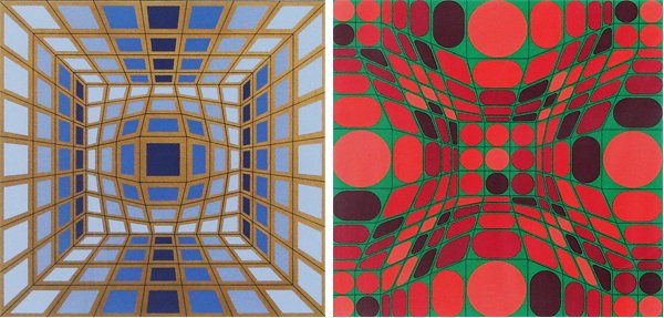 Victor Vasarely (1908-1997) Hungarian (two): LAVENDER & GOLD; RED & GREEN from Helios, two color screenprints, each signed in pencil, from the numbered editions of 20 artist’s proofs, images 10 x 10”, both with full margins and framed, both 