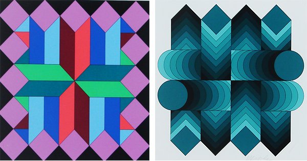 Victor Vasarely (1908-1997) Hungarian (two): MULTI-COLOR; BLUE ARROWS from Helios, two color screenprints, each signed in pencil, from the numbered editions of 20 artist’s proofs, first image 10 x 10”, full margins, the second sight 11 ¾ x 