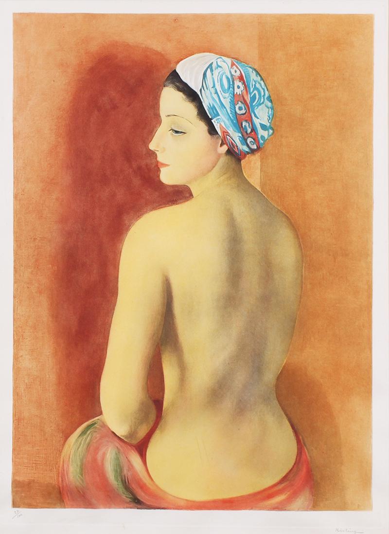 Moise Kisling (1891-1953) French: BACKSIDE SEATED NUDE, color aquatint, signed and numbered 27/100 in pencil, image 21 1/4 x 15 1/2", sheet 27 7/8 x 21 7/8, frame 31 ¼ x 25” with Plexiglas.