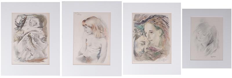 Mariette Lydis (1887-1970) Argentina France (four): LEGATO; DOMINIQUE; PIETA, three mixed media works on paper, each signed and titled and two dated 1943, each 15 x 11”â€™; TETE DE FEMME, 1948, lithograph, signed, sheet 15 x 11”; All w