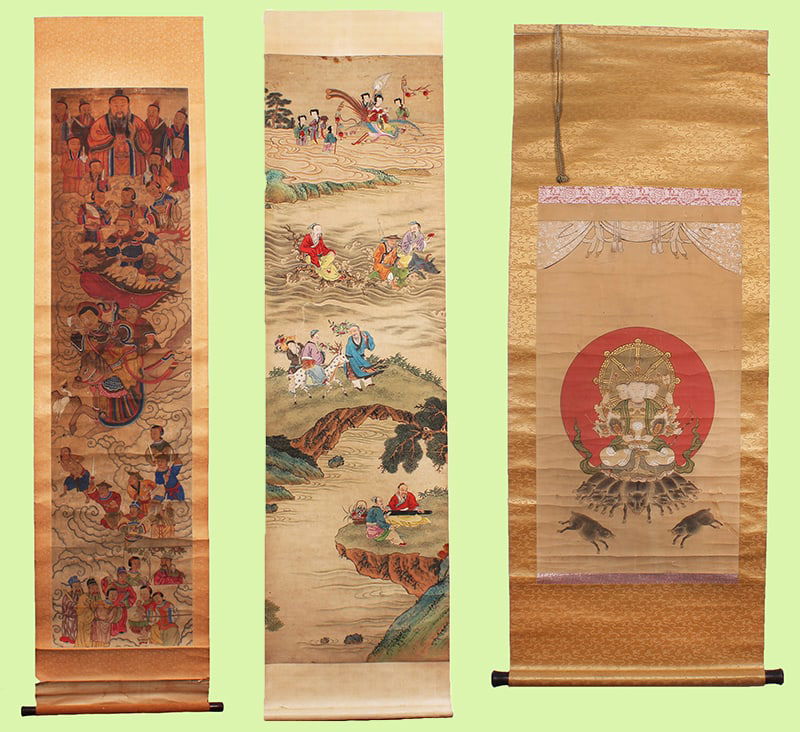 Chinese Scrolls (three): DEITIES; SCENES OF EVERYDAY LIFE; WILD BOARS, three watercolors on paper with silk boarders, 77 x 20”, 86 x 20 ¼”, 50 x 19 ¾”, widths not including knobs. (3)