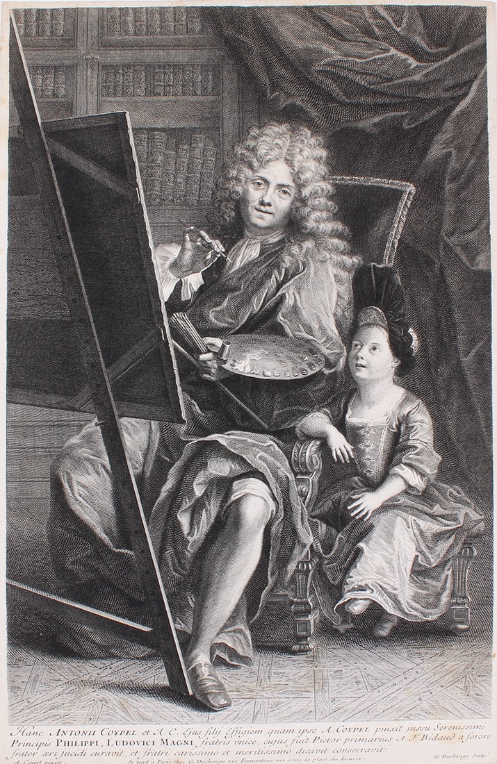 Old Master: Gaspard Duchange (1666-1757) French after Antoni Coypel: ANTONI COYPEL, PAINTER WITH SON, engraving and etching on laid paper, sheet 17 x 10 ¾”, mat 26 x 20”.