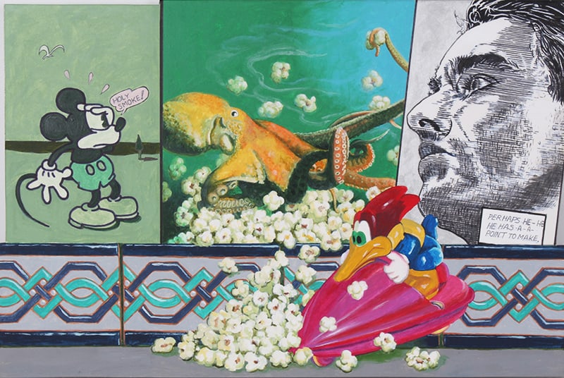 Ralph Massey (b. 1938) California: A TYPICAL POPCORN EVENT, 2016, acrylic painting on panel, signed lower right, 13 ½ x 20 ½”.