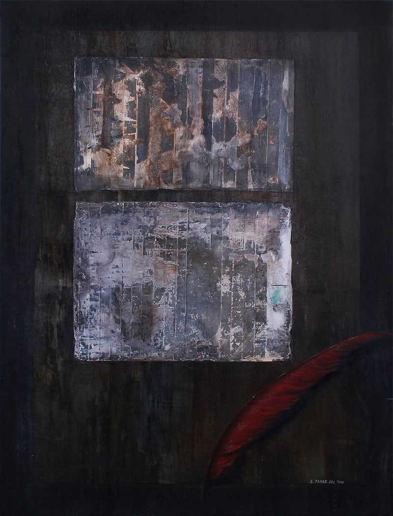 Eugenia Perez del Toro (20th Century) Mexico: LA TEXTURAS, oil painting and mixed media on Masonite, signed lower right, 31 ¾ x 23 ¾”.