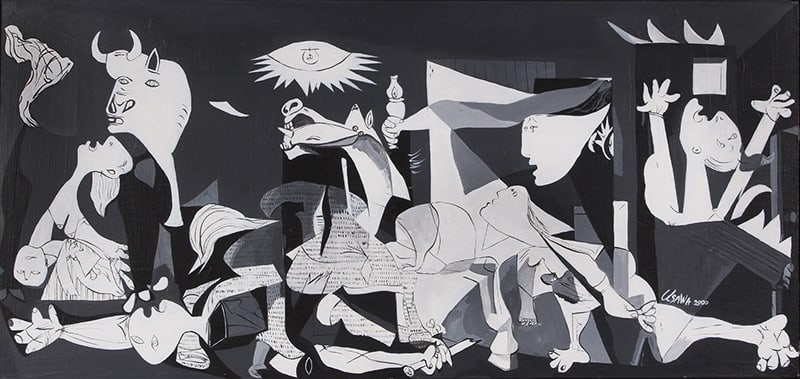 after Pablo Picasso: GUERNICA, 2000, acrylic painting on wood panel, signed and dated lower right, 11 ½ x 24 ¼”, frame 16 ¼ x 29”.