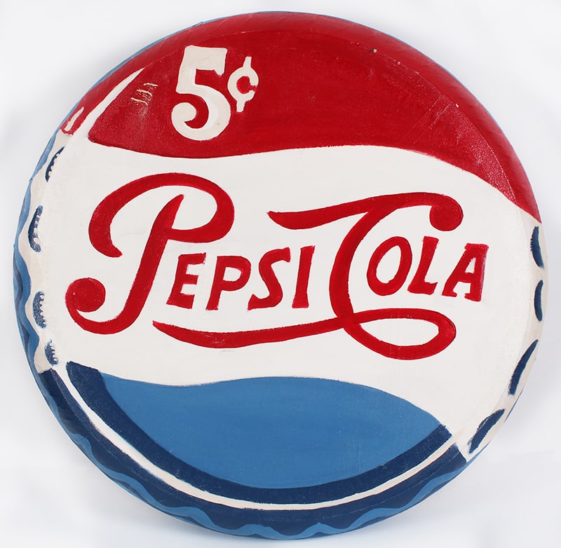 Pop Artist Unidentified: PEPSI COLA, acrylic painting on canvas wrapped around a car tire, signed on verso, 24” diameter, 6” deep.