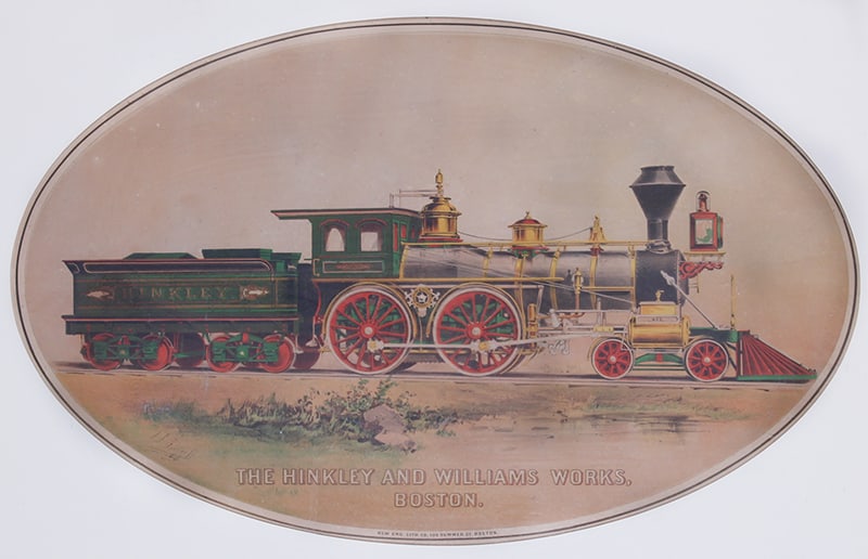 Train Art: Hinkley & Williams Works, Boston (19 th Century): STEAM LOCOMOTIVE, circa 1870, color lithograph, artist signed in the plate lower left, oval sight 16 x 26”, frame 22 ½ x 32 ½” with glass.