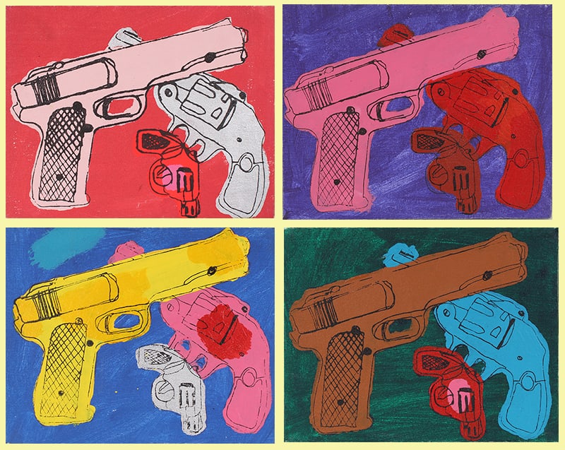 Henry Vincent (20 th /21 st Century) California (four): HANDGUNS, 1994, each a screenprint and acrylic painting on canvas, each signed and dated and stamped on the verso, each 8 x 10”, presented as a quad overall 16 x 20”. (4)