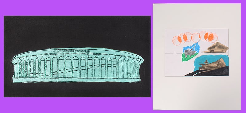 Henry Vincent (20 th /21 st Century) California (two): THE FABULOUS GREAT WESTERN FORM, 1996, screenprint and acrylic painting on canvas, signed and dated and stamped on the verso, 9 x 16”; LANDMARKS, 1996, collage and acrylic and color crayon on pa