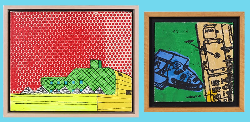 Henry Vincent (20 th /21 st Century) California (two): BUILDING WITH PYRAMIDS, 1996, screenprint and acrylic painting on canvas, signed and dated and stamped on the verso, 10 x 12”, frame 11 ¼ x 13 ¼”; NASA, 1994, screenprint and