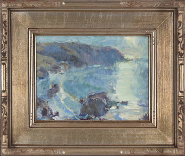 Bye Bitney (b. 1960) Argentinian: SHARK HARBOR, oil painting on Masonite, signed lower right, 9 x 12”, frame 15 ¾ x 18 ¾”. Provenance: Manny’s of Denver.