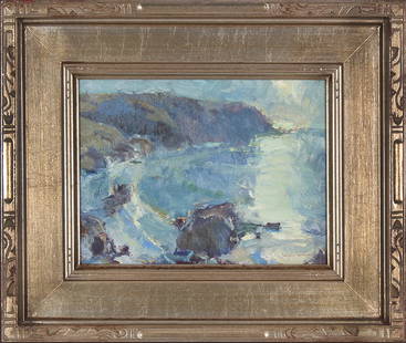 Bye Bitney (b. 1960) Argentinian: SHARK HARBOR, oil painting on Masonite, signed lower right, 9 x 12”, frame 15 ¾ x 18 ¾”. Provenance: Mannyâ€™s of Denver.