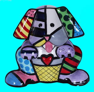 Romero Britto (b. 1963) Brazilian: DOG (#22012), 1976, enameled porcelain cookie jar, signed and dated in design on foot, artistâ€™s hallmark underneath, 9 ½ x 10 x 7”.