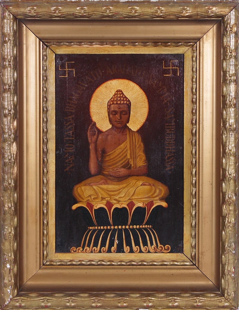 Buddhist Art: SEATED BUDDHA, oil painting on canvas, initialed lower right, 22 ¼ x 15”, frame 33 x 15 x 4”.