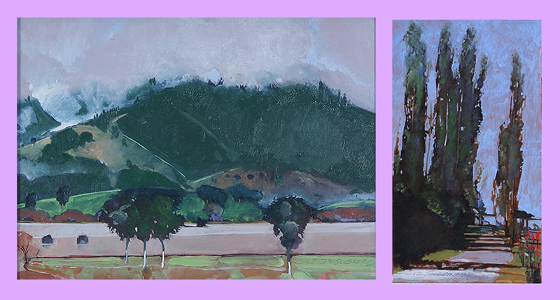 Joe Draegert (b. 1945) American (two): GREEN MOUNTAIN, 1993; GREEN TREES, 2001, two, each an oil painting on board, both signed and dated, frames 10 ¼ x 13 ¼” & 18 x 13”. (2)