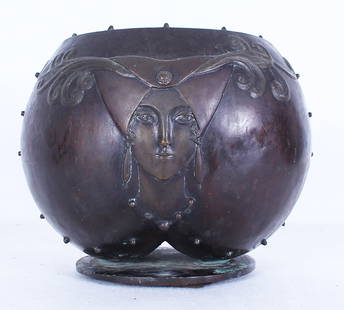 Erte (1892-1990 Russian French: FRUIT OF LIFE, 1985, cast bronze bowl with dark patina, signed and dated, with Con Ker and JFC stamps, 8 ½” tall, 11” diameter, weight 21 pounds.