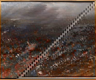 David Fertig (b. 1946) New Jersey New York: HIGHLANDERS IN SQUARE AT WATERLOO 1815, 2006, oil painting on board, signed lower center, signed and titled on verso, 27 ¾ x 34 ¼”, frame 29 ½ x 36 x 2”. Provenance: P
