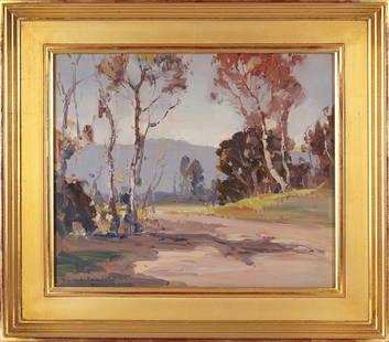 Fitch Burt Fulton  (1879-1955) Nebraska California: TREES IN A LANDSCAPE ON A CLOUDY DAY, oil painting on board, signed and dedicated lower left, 13 x 15 &frac12;&rdquo;, frame 18 x 20 &frac12; x 2&rdquo;. Provenance: Bonhams lot 8258 Sale 06/09/2002,