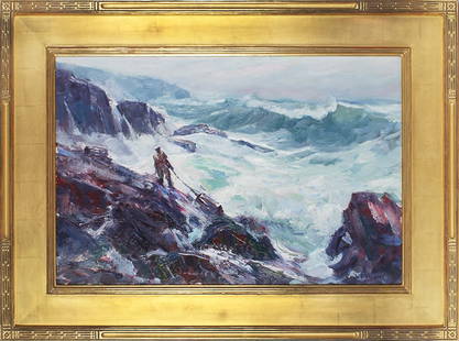 Emile Albert   Gruppe  (1896-1978) American: RETRIEVING THE LOBSTER POTS, oil painting on canvas, signed lower right, 20 x 30 &frac14;&rdquo;, frame 29 &frac12; x 39 &frac12; x 2&rdquo;. Provenance: A. J. Kollar Fine Paintings LLC, Seattle.