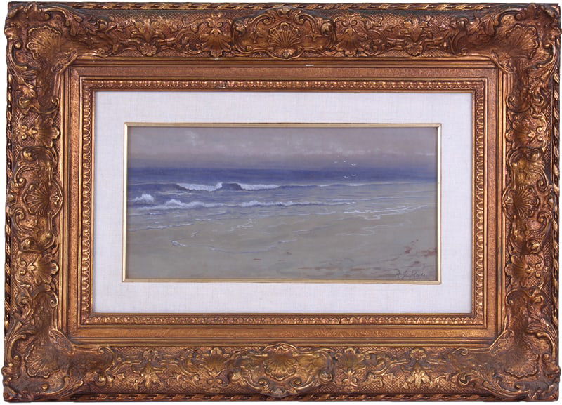 attributed to Martin Johnson Heade (1819-1904) American: SEASCAPE, color pastel on paper, signed lower right, 7 ¼ x 15”, frame 17 ½ x 24 ½”.