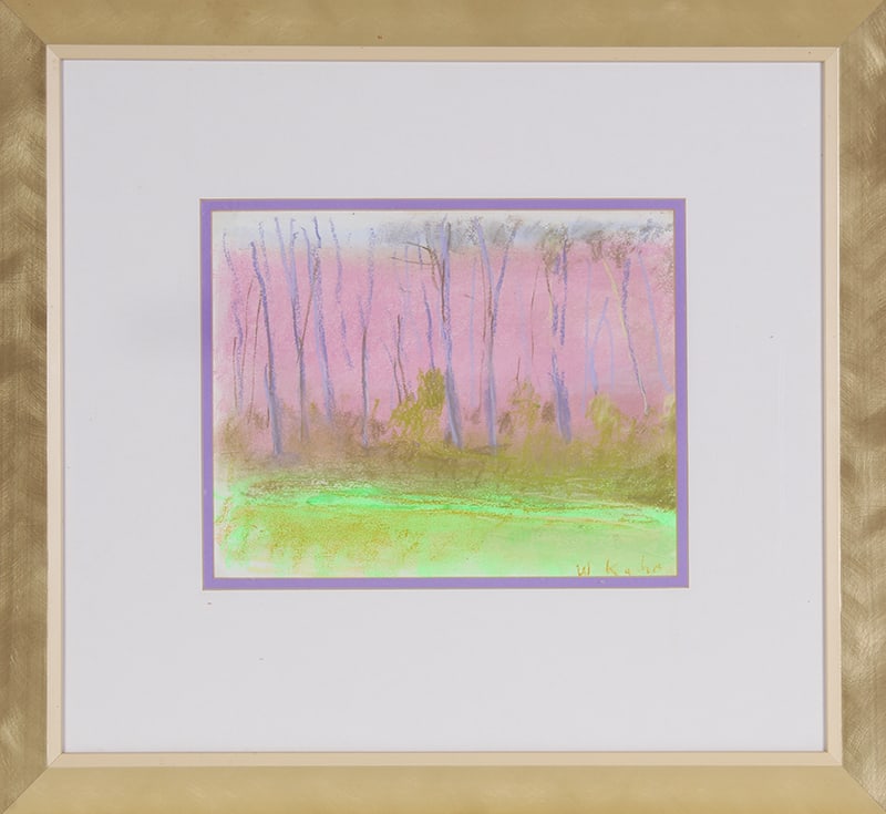 Wolf Kahn (1927-2020) Vermont: PEACHES AND GREEN, color pastel on sketchbook paper, signed lower right, sheet 9 x 12”, frame 19 ½ x 21 ¼” with glass. Provenance: Jerald Melberg Gallery, Charlotte North Car
