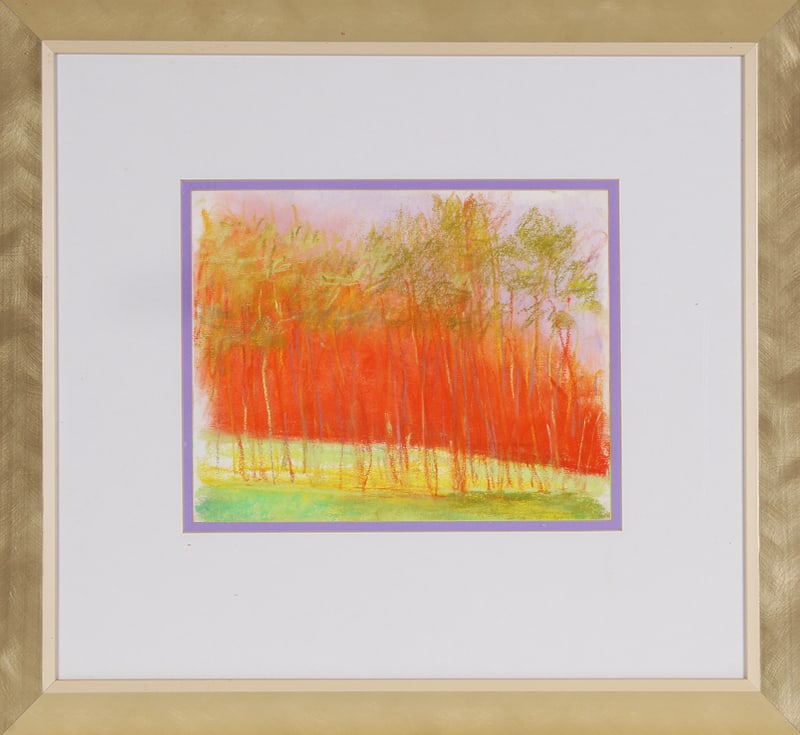 Wolf Kahn (1927-2020) Vermont: BRILLIANT ORANGE, color pastel on sketchbook paper, signed lower right, sheet 9 x 12”, frame 19 ½ x 21 ¼” with glass. Provenance: Stremmel Gallery, Reno, NV.