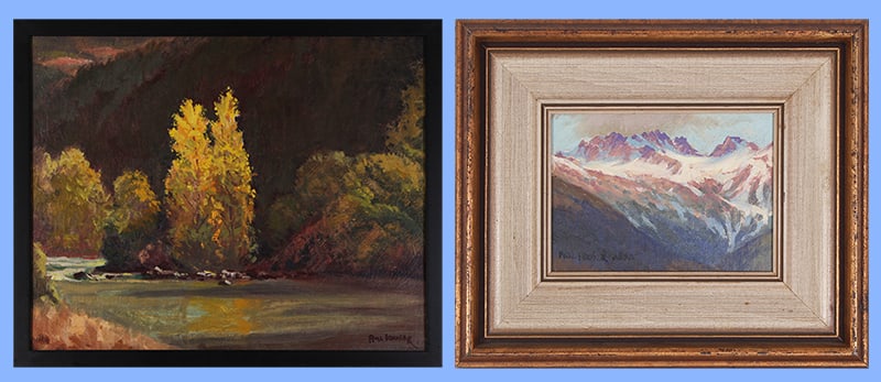 Phil Kooser (1921-2007) Washington (two): LATE AFTERNOON ON THE RIVER, oil painting on Masonite, signed lower right, signed and titled on verso, 16 x 20”, frame 17 ¼ x 21 ¼”; SWISS PEAKS, oil painting on Masonite, si