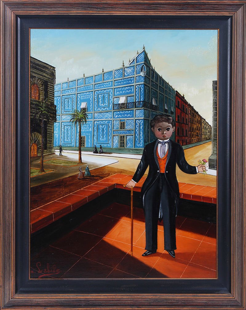 Agapito Labios (1898-1996) Mexico: BOY WITH BLUE BUILDING IN BACKGROUND, oil painting on canvas, signed lower left, 26 x 20 ½”, frame 28 ½ x 22 ¾”.