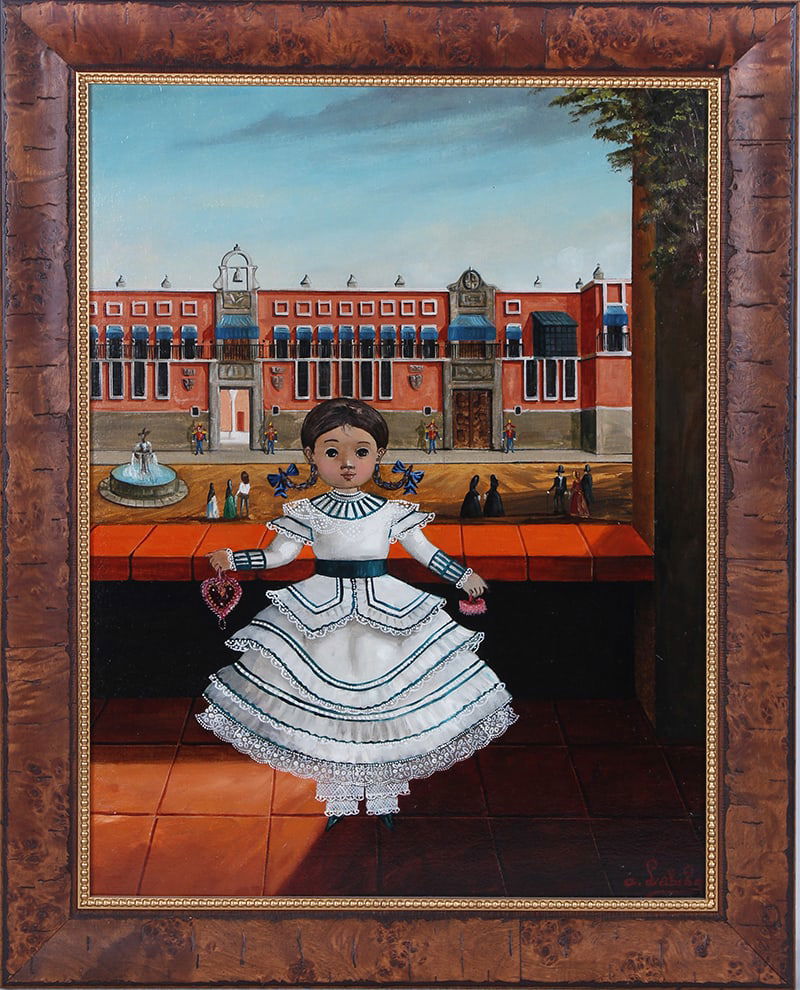 Agapito Labios (1898-1996) Mexico: GIRL IN WHITE DRESS WITH BUILDING IN BACKGROUND, oil painting on canvas signed lower right, 23 ½ x 18 ¼”, burlwood laminate frame 27 ½ x 22”.