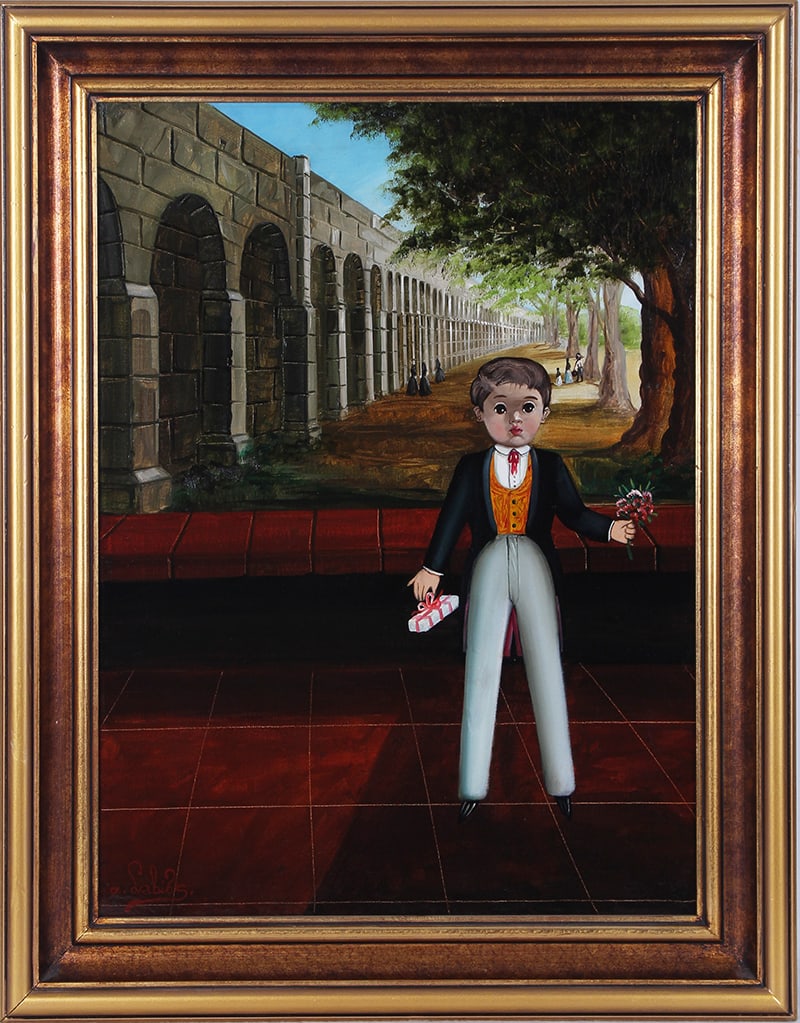Agapito Labios (1898-1996) Mexico: BOY WITH GIFTS NEAR BUILDING, oil painting on canvas, signed lower left, 23 ¾ x 18 ¼”, frame 29 x 23 ½”.
