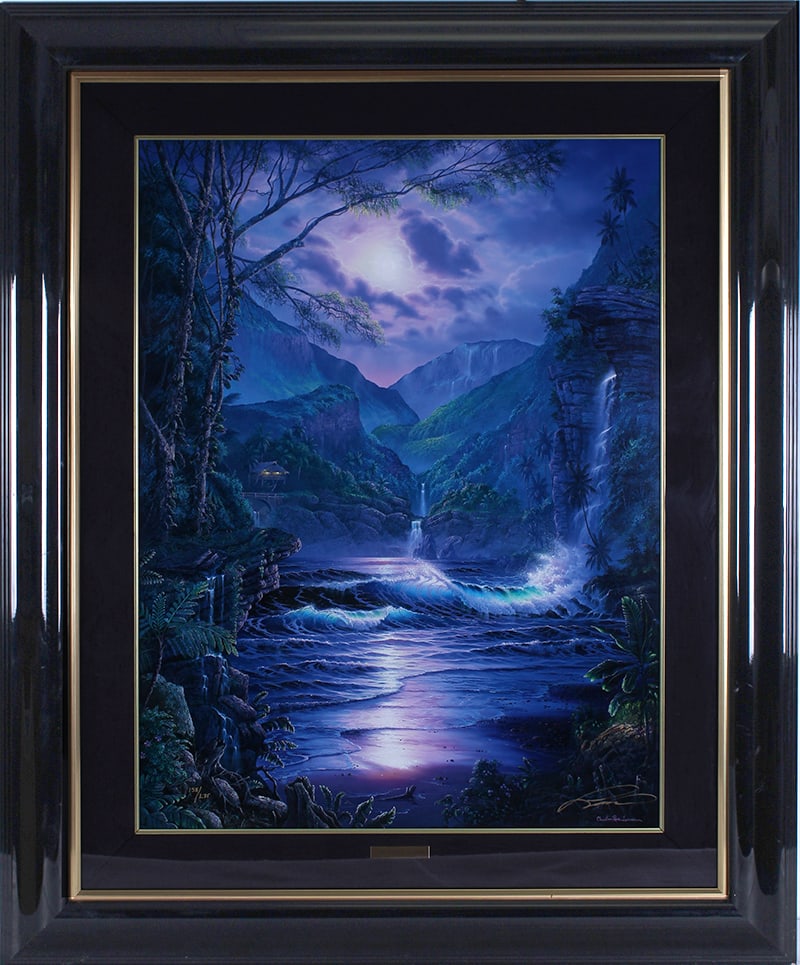 Christopher Lassen (b. 1956) Hawaii: SECRET PLACE, color giclee on canvas appears to have hand-embellishing, signed and numbered 138/275 in gold ink, 30 ½ x 23”, frame 41 x 33 ½ x 3”.