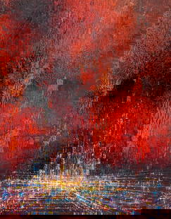 Leonardo Nierman (1932-2023) Mexican (we miss you my friend): CITY OF LIGHTS, 1965, oil painting on Masonite, signed and dated lower right, 23 ½ x 31 ¼”, frame 31 ½ x 39 ½ x 2”.