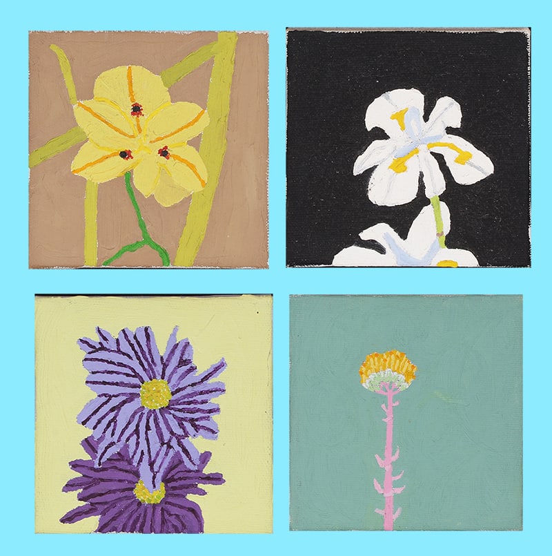 Henry Vincent (20 th /21 st Century California (four): FLOWERS, four acrylic paintings on canvas, frames each 5 ½ x 5 ½ x 2”. (4)