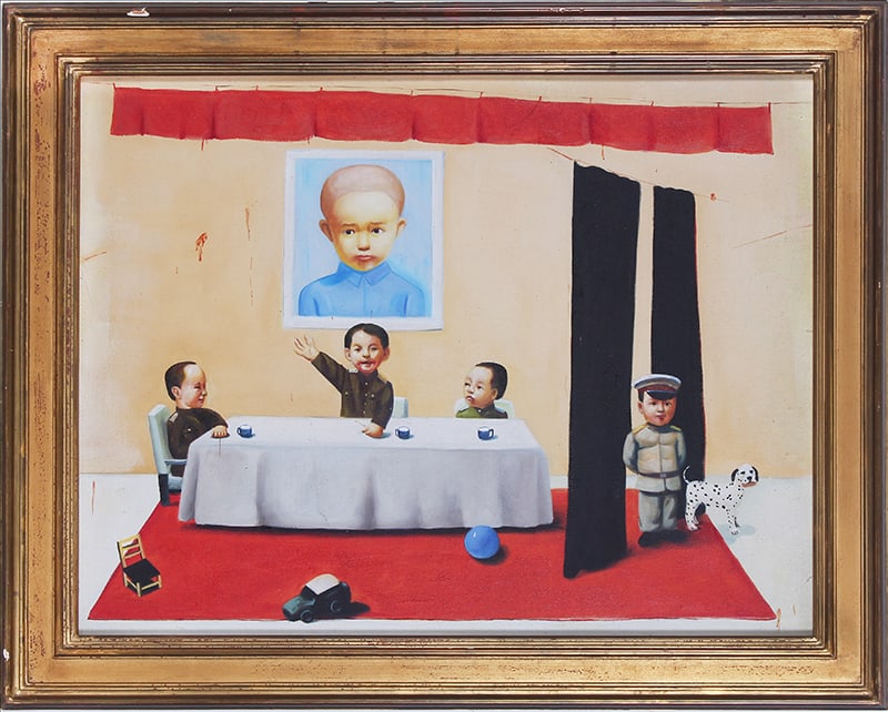 after Tang Zhigang (b. 1959) Chinese: CHILDREN IN MEETING, 2003, mixed media on canvas, 24 ¼ x 28”, frame 26 x 32”.