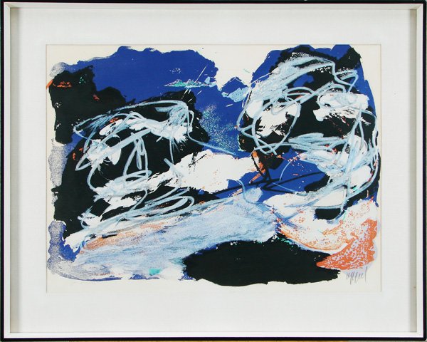 Karel Appel (1921-2006) Dutch: AUGES NOIRS, color lithograph, signed in pencil, artist’s proof aside from the numbered edition, sight 21 ½ x 29”, published by Oeuvre Gravure, with blindstamp, framed with glass, some fading in 