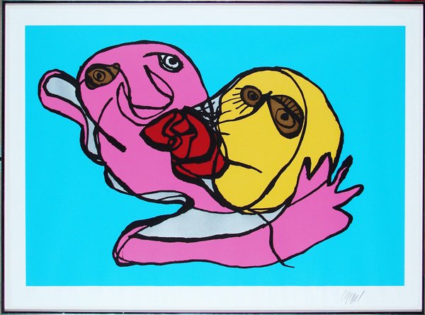 Karel Appel (1921-2006) Dutch: THE KISS (blue), color screenprint, signed in pencil, Editions Press Proof aside from the numbered edition, image 26 x 38”, full margins, framed with glass, some mild cockling, mainly in lower margi