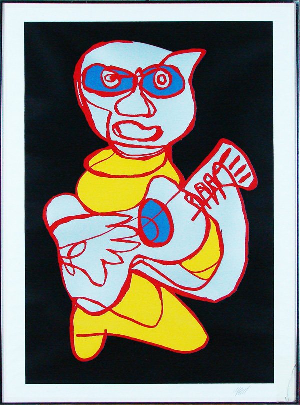 Karel Appel (1921-2006) Dutch: THE GUITARIST, color screenprint, signed in pencil, Editions Press Proof aside from the numbered edition, image 38 x 26”, full margins, framed with glass (cracked), some mild cockling, mainly in mar