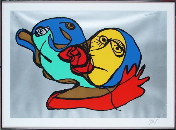 Karel Appel (1921-2006) Dutch: THE KISS (silver), color screenprint, signed in pencil, Editions Press Proof aside from the numbered edition, image 26 x 38”, full margins, framed with glass, cockling, scuffs and scrapes with assoc