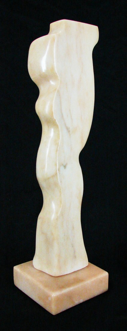 Hazel Court (1926-2008) British: PINK LADY, carved rose alabaster sculpture, 18 5/8 x 3 x 5”, on 5 ½ x 5 ½ x 1 ½” marble stand, overall 20 ½” including stand.