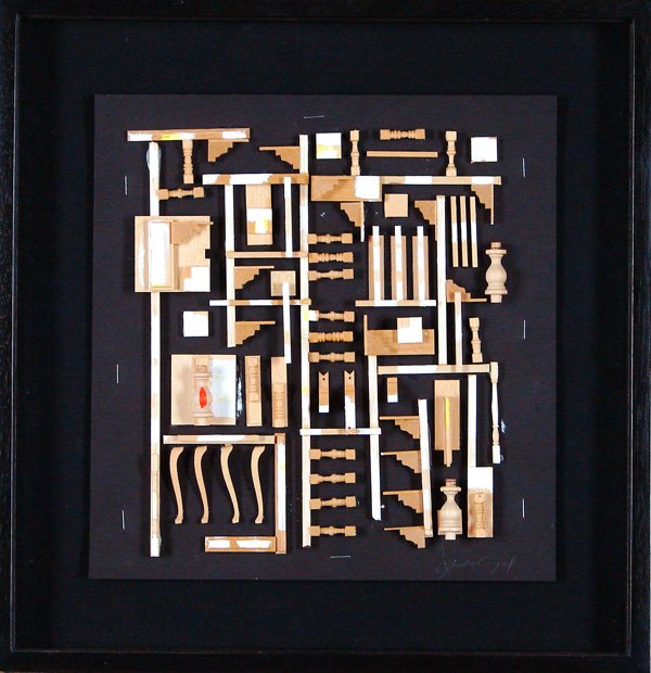Jules Engel (1909-2003) American: UNTITLED, wood construction on black card, signed lower right, 12 x 11 ½”, framed, in good studio condition.
