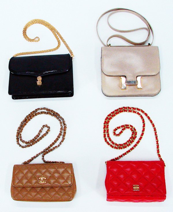 Fashion: Vintage Chanel, Gucchi, Givenchy & in the: Four leather purses owned by Eva Gabor: the first Chanel, brown quilted leather pocketbook with leather and metal strap, stamp inside, 4 ½ x 7 ½ x 2”; Together with a black leather Gucci evening b