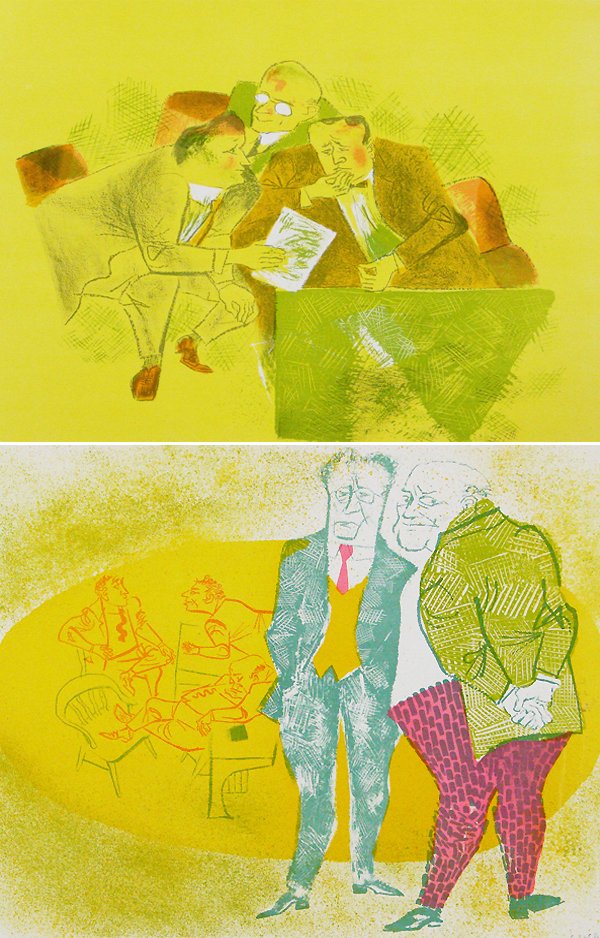 William Gropper (1932-2005) American (two): LEGAL SCENES, two color lithographs, each signed in pencil, from the numbered edition 200, images 18 ½ x 23 ½”, full margins, creases and soft handling creases, mainly in margins, otherwise both i