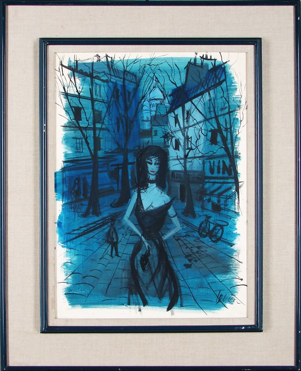 Charles Levier (1920-2004) French: EVENING OUT IN BLUE, watercolor on paper, signed lower right, 30 x 22”, framed, small discoloration spots and of a few stray white speckles lower center, otherwise in good condition.