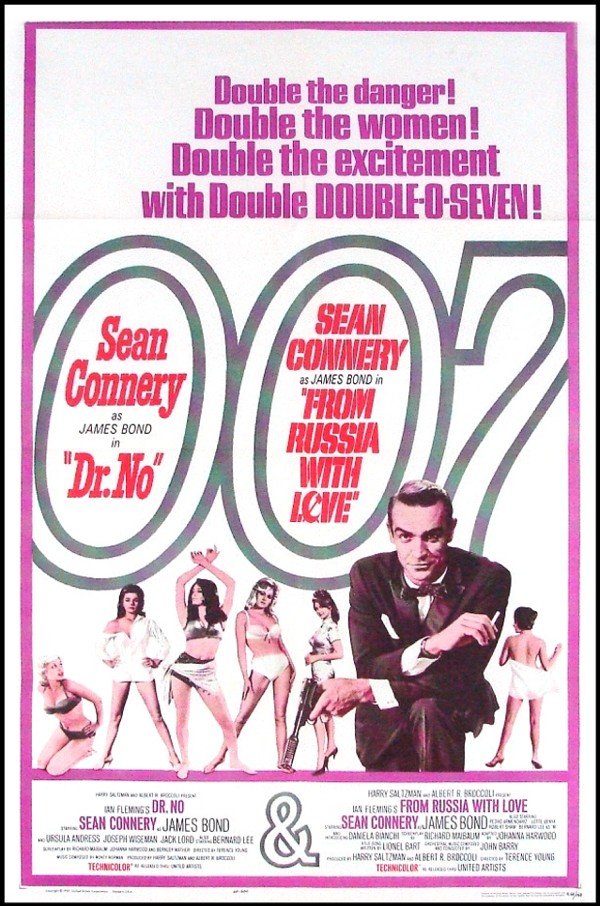 Movie Poster: James Bond: DOCTOR NO & FROM RUSSIA WITH LOVE, 1965, reissue as a double-feature, Sean Connery, United Artists, one sheet, 41 x 27”, folds as issued, framed, bright fresh colors. Condition A