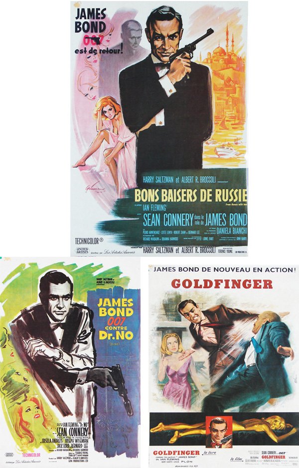 Movie Posters: James Bond (three): GOLD FINGER; DOCTOR NO; FROM RUSSIA WITH LOVE, Sean Connery, United Artists, three French versions, 23 ½ x 17”, 22 x 15 ½” & 20 3/8 x 15”, all with folds as issued and with bright fresh colors