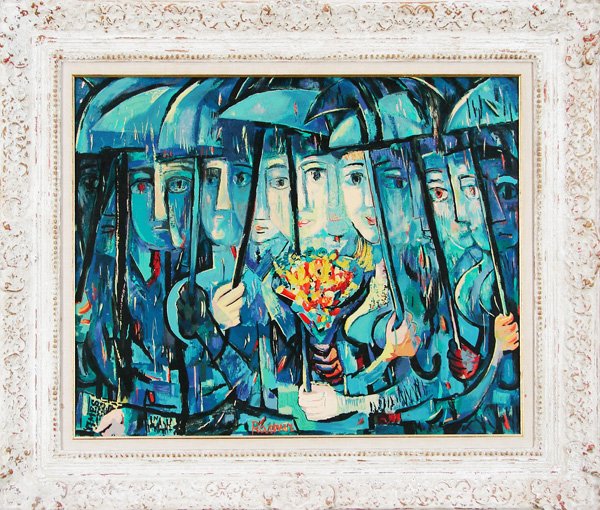 Abraham Rattner (1893-1978) American: APRIL SHOWERS, screenprint on board, signature in design, 22 ¼ x 27”, framed.