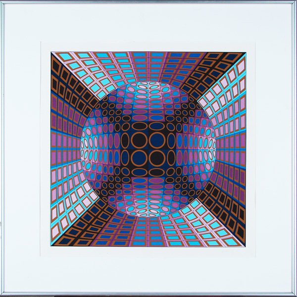 Victor Vasarely (1908-1997) Hungarian: UNTITLED LAVENDER & BLUE, color screenprint, signed in pencil, from the numbered edition 250, image 24 ½ x 24 ½”, full margins, framed (no glass), a few discoloration spots in margins, minor surfa