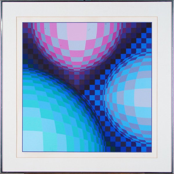 Victor Vasarely (1908-1997) Hungarian: INTERSECTION OF THREE GLOBES, color screenprint, signed in pencil, from the numbered edition 250, image 25 ¾ x 25 ¾”, Editions Denise Rene blindstamp, full margins, framed (no glass), sun toning, 